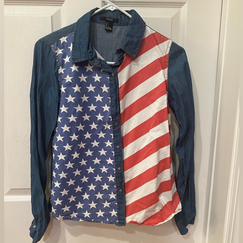 Women’s Forever 21 American Flag Chambray Shirt